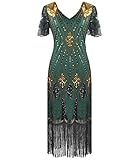 Women's 1920s Gatsby Inspired Sequin Beads Fringe Flapper Cocktail Roarings 20s Dress (Small, Style 2 Gold Green)