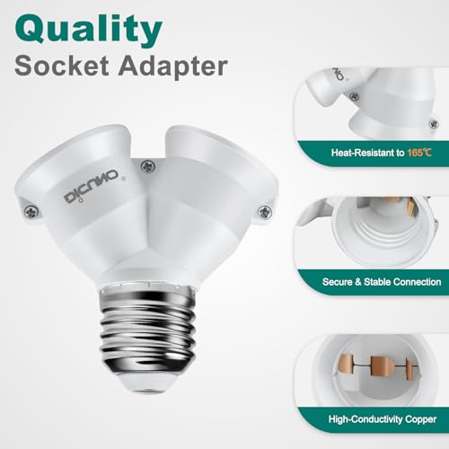 Image of DiCUNO 2 in 1 E26 Socket Splitter Adapter, Two E26 Standard Midbase Bulbs Y Shape Lamp Holder Converter in One Socket, Maximum 200W