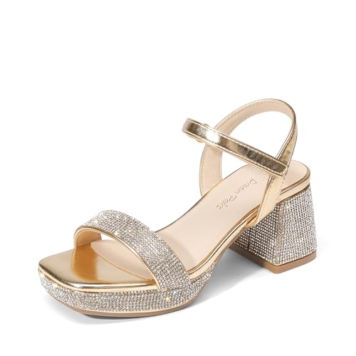 DREAM PAIRS Girls Sandals Open Toe Low Block Chunky Heels Sandals Party Dress Pumps Shoes for Little Big Kid Size 4 Big Kid All Gold Metallic SDHS25033K-V1