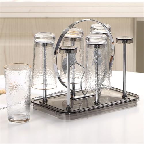 Advokingtap Cup Drying Rack, Drinking Drying Dranier For Glass Bottle Mug Tree With 6 Hooks And Drain Tray For Kitchen Countertop(Silver B)