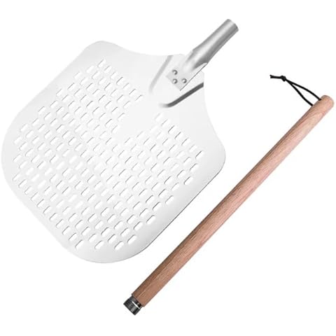 Perforated Pizza Peel 12 x 14 Inch Long Wooden Handle Pizza Paddle, Professional Nonstick Aluminum Metal Pizza Peel,Pizza Oven Accessories, Lightweight Pizza Peel Cover