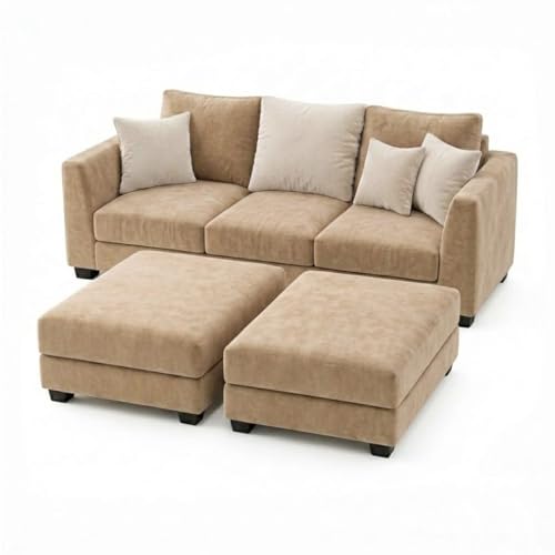 Image of SOCOZI Trevano 5 Seater L Shape Sofa Set with 2 Movable Ottomans | Flexible Layout| Soft Velvet Suede Fabric|Modern Sofa | Plush Comfort Cushions for Living Room (Beige-Cream)