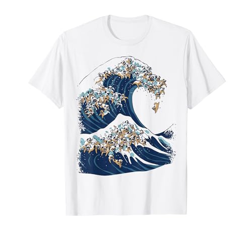 The Great Wave of Pugs Funny T- Shirt by Huebucket T-Shirt