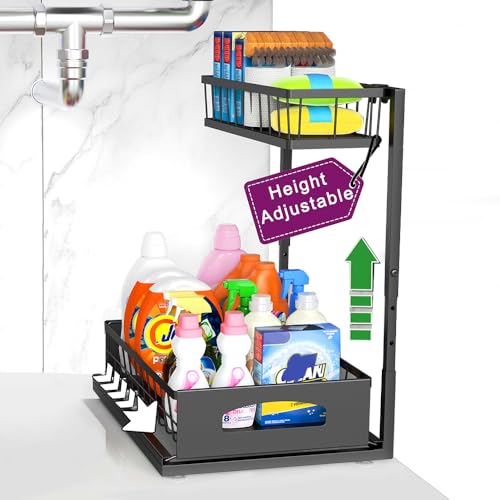 Under Sink Organizer, Height adjustable Under Sink Storage, Pull Out Cabinet Storage Shelves, Slide Out Drawer for Kitchen Bathroom Pantry USO002