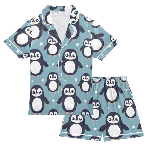 ALAZA Cute Cartoon Penguin Pajamas Satin Pajama Set Short Sleeve Button Down Sleepwear