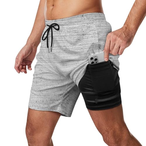 Gray Marble Mens Beach Shorts with Compression Liner,Quick Dry,2 in 1 No-Chafing Board Shorts2