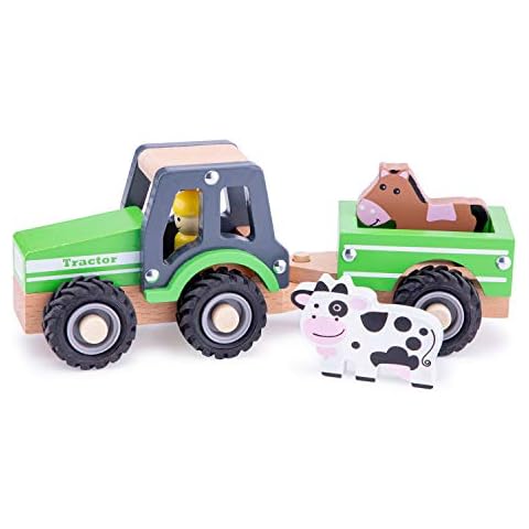 New Classic Toys 11941 Wooden Tractor with Trailer and Animals for Children 18 Months and Up Boys and Girls Baby Gifts, Green Cover