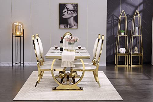 Acedécor White Leather Dining Chairs, Classic King Louis Side Chairs, Luxurious Gold Mirror Metal Frame And Cabriole Legs(Set Of 6) #TOP1