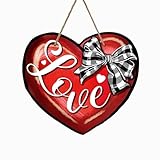 Bolisom Valentines Day Front Door Sign, Red Love Heart Buffalo Plaid Bow Wood Hanger Outdoor Outside Porch Home Decor, Romantic Anniversary Wedding Wooden Wreath Indoor Wall Hanging Decoration