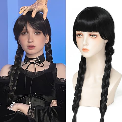 Image of Rose bud Wednesday Addams Cosplay Wig Long Hair Heat Resistant Adjustable Fit 23 Inches Double Braided Black Wigs With Bangs for Halloween Cosplay