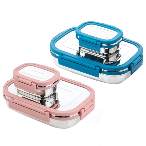 Image of Premium Stainless Steel Lunch Box, Combo, 700ml + 200ml, Leakage Proof /Airtight Containers Lunch Box for Office Use, Bento Lunch Box for Men /Women, 4 Side Clip Lock Lid - Blue /Pink