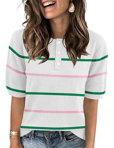 AKEWEI Spring Sweater Women Short Sleeve Crew Neck T Shirts Knit Color Block Work Blouses Sweater Tops