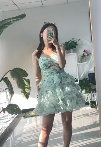 RSOETOO Fairy Homecoming Dresses Short for Teens Flower Embroidery Tiered Puffy Prom Dresses RO1572