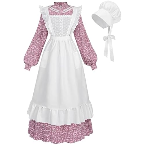 Nuoqi Prairie Dress Women Adult Pioneer Dress Long Colonial Costume with Bonnet Apron