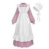 Nuoqi Prairie Dress Women Adult Pioneer Dress Long Colonial Costume with Bonnet Apron Pink XL