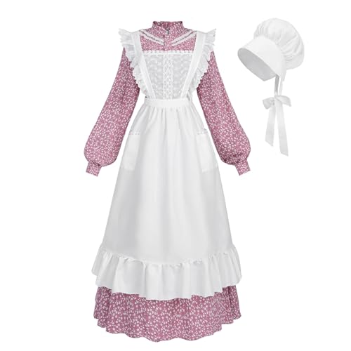 Nuoqi Prairie Dress Women Adult Pioneer Dress Long Colonial Costume with Bonnet Apron Pink M