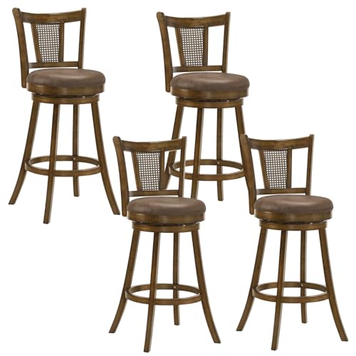 COSTWAY Butaco Silla de Barra Set de 4, Madera Maciza de Caucho con Asiento Giratorio y Tapizado en Cuero Sintético, Respaldo Curvado de PE Rattan, Marrón, Altura de Asiento 30” miniatura 1