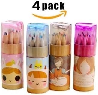 Edmonds Cute Mini Colored Pencils Set for Kids with Cap Sharpener, Cylindrical Box Package, (Total 48 Colored Pencils, 3.54 inches, 12 Pieces per Cylinder ) (4 Pack)