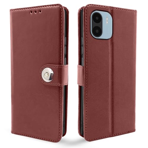 Image of Pikkme Redmi A1 | Redmi A2 Flip Cover Leather Finish | Inside TPU with Card Pockets | Wallet Stand and Shock Proof | Complete Protection Button Flip Case (Brown)