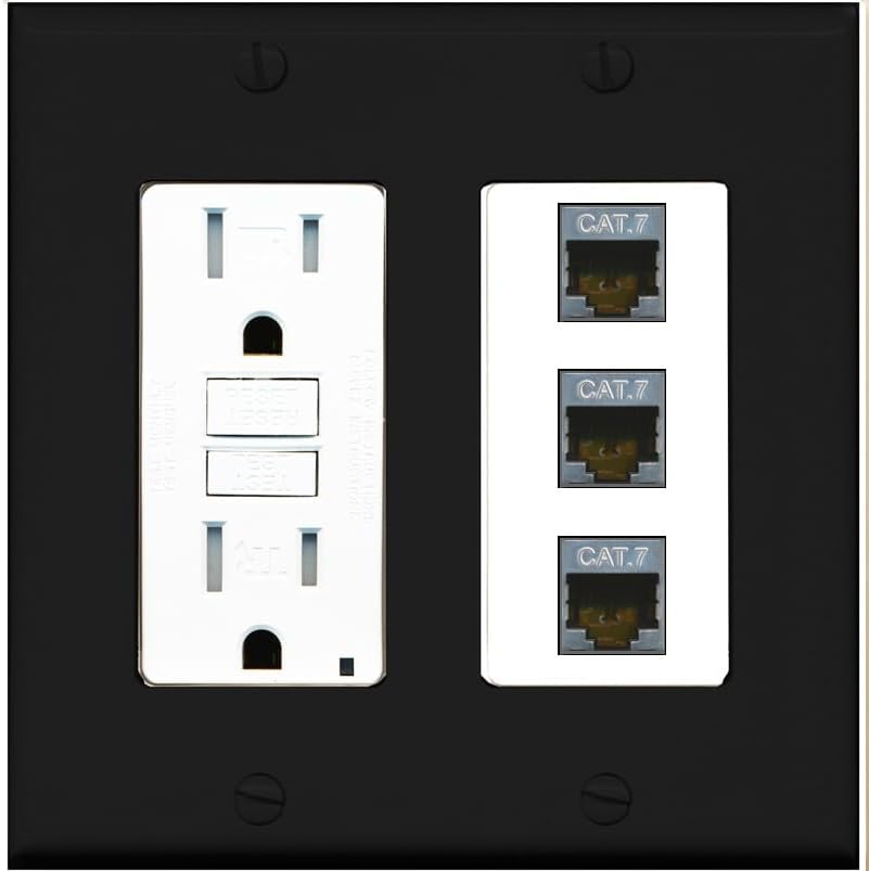 RiteAV 3 Port Cat7 Shielded Ethernet Wall Plate - GFCI Outlet [Screwless White]