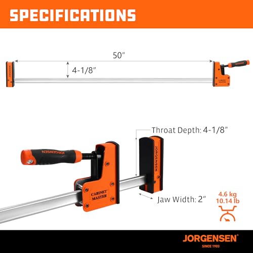Image of JORGENSEN 50-Inch Parallel Bar Clamp, Heavy-Duty Cabinet Master Clamp for Woodworking Glue-Up, 2200 lbs Force, Quick Release, Spreader Function, 2-Pack