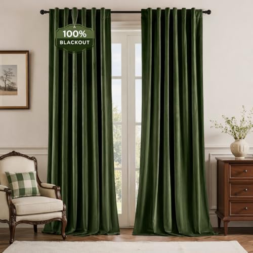 HOMEIDEAS 100% Blackout Olive Green Velvet Curtains, Thermal Insulated Luxury