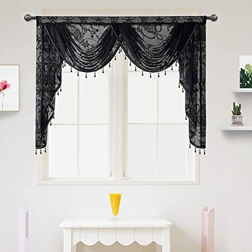 AiDamai Black Beaded Waterfall Valance for Windows Semi Sheer Black Waterfall Valance with Decorative Tassels Trims for Living Room Bedroom Rod Pocket 1 Panel (W59 Inch, Black)
