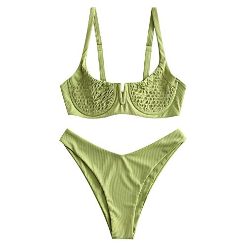 ZAFUL Women's Smocked Tie Shoulder Bikini Set Shirred Underwire Two Pieces Swimsuit (M, Green-Ribbed)