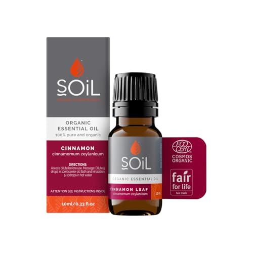 Soil Organic Cinnamon Leaf Essential Oil 10ml, Warm Spicy Aroma for Diffusers & Aromatherapy, Creates a Cosy & Energising Ambience, Suitable for Massage, Bath Blends, Skin Care, DIY Soaps & Candles
