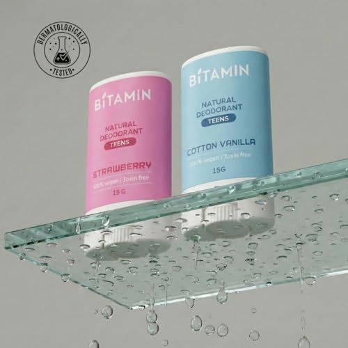 Image of Bitamin Natural Deodorant Underarm Roll On Cream For Kids & Teens | Kids Deodorant Roll On for Girls & Boys With 3% Vitamin C & E | No Aluminium, No Alcohol, No Parabens & No Triclosan | 8 Hour Odour Control, Ages 10-18 | Cottton Vanilla & Strawberry 15 g Each (Pack Of 2)