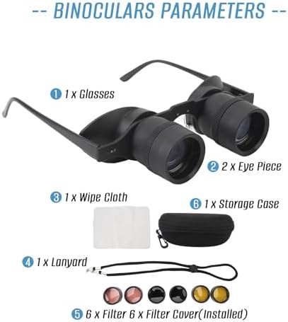 Miniatura 6 de Gafas binoculares manos libres para pesca, observación de aves, deportes, conciertos, teatro, ópera, TV, visión de vista, lente HD con 3 filtros de