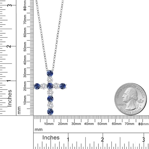 Gem Stone King Moissanite and Blue Created Sapphire Cross Pendant Necklace for Women | 925 Sterling Silver | Round 3.5MM | 1.64 Cttw | with 18 Inch Silver Chain | 1.20 Inch2