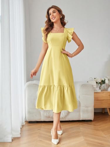 Image of Shasmi Girl's & Women's Solid Color Square Neck, Ruffle-Trimmed Hem Sleeveless, Ruffle Armhole and Casual Dress with Cinched Waist Vacation Outfits Woman (Dress 162)