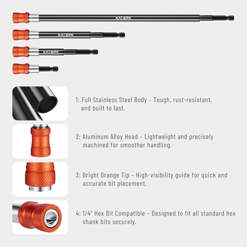 Katerk Drill Bit Extension Set, 4 Pcs Magnetic Bit Holder, 1/4 Inch Hex Drill Bit Extender for Impact Driver - Enhanced Stability, Professional Grade (12", 6", 4", 2 3/8") - image 4