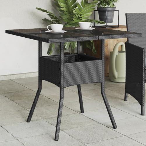 vidaXL Black Poly Rattan Garden Dining Table with Tempered Glass Top - Image 2