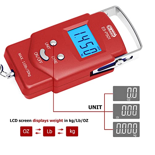 Dr.meter Fishing Scales (PS01), Luggage Scale Digital with Hanging Hook, Measuring Tape, Backlit LCD Display, Portable Suitcase Scales, 2 AAA Batteries Included, Fishing Gifts for Men (Red) - Image 3
