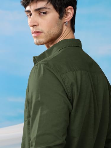 Image of The Souled Store Solid Linen: Beige Color Men and Boys Regular Outdoor Fit Full Sleeve Collared Neck Spread Collar Casual Wear Stylish Comfortable Premium Elegant Cotton Shirts
