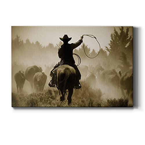 Renditions Gallery Animal Canvas Wall Art for Living Room Bathroom Bedroom Kitchen, Rope and Ride Western Cowboy Picture Prints House Décor Ready to Hang Modern Home Decoration, 32" H x 48" W