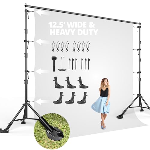 Julius Studio [Large Heavy Duty] 12.5 x 10 ft. (W x H) New Gen. Backdrop Stands, Background Support, Enhanced Stability: No Bending, No Shaking, Leg Shoe Mount Ground Stake for Outdoor Use, LNA1106