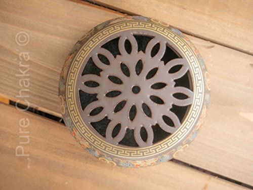 4.5" Painted Round Ceramic Incense Burner Bowl | Stick Rope Dhoop Cone Ash Catcher | Traditional Chinese Design Meditation (Brown Flat) #TOP4