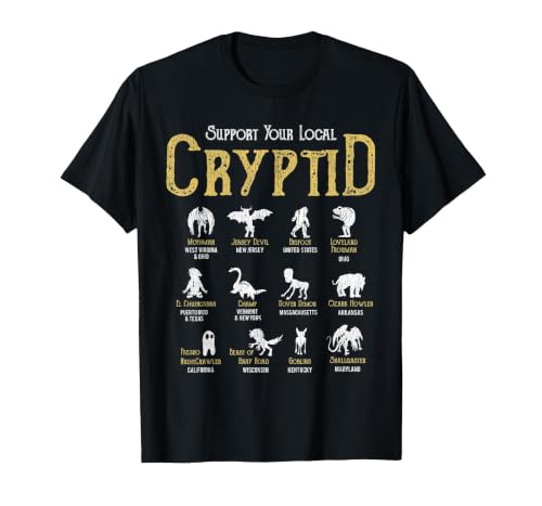 Support Your Local Cryptid Vintage Funny Cryptozoology Hunt T-Shirt, Men, Black, Small