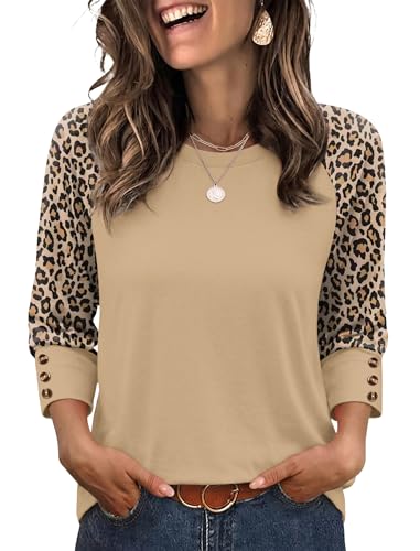WIHOLL Womens Tops 3/4 Length Sleeve Summer Boho Cruise Beach Vacation Clothes Plus Size Dressy Casual Blouses Trendy Fashion Clothing Khaki Leopard Cheetah Print XL
