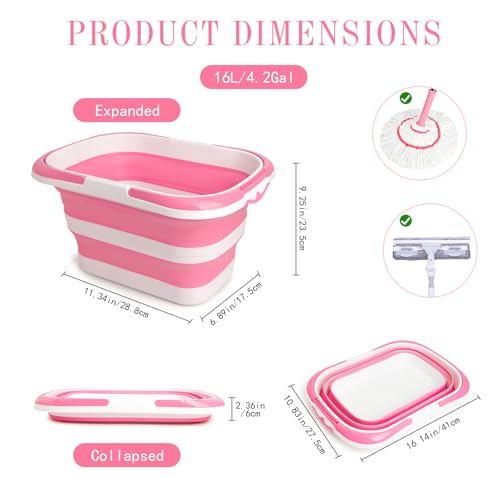 XXFLOWER 16L Collapsible Cleaning Bucket with Handle, Silicone Foldable Bucket, Indoor & Outdoor Space-Saving for Home Storage, House Cleaning, Car Wash, Camping & Beach, Pink-White by XXFLOWER - Image 2