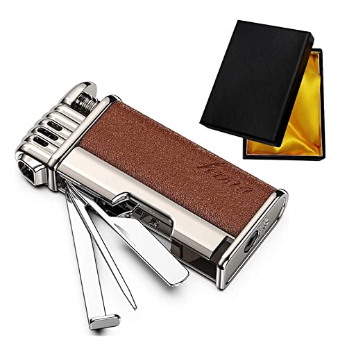 Accendino for pipa multifunzionale in metallo 4 in 1 Accendino a butano da uomo con fiamma morbida ricaricabile antivento con 3 strumenti for la pulizia dei tubi Regalo di compleanno for uomo unico (