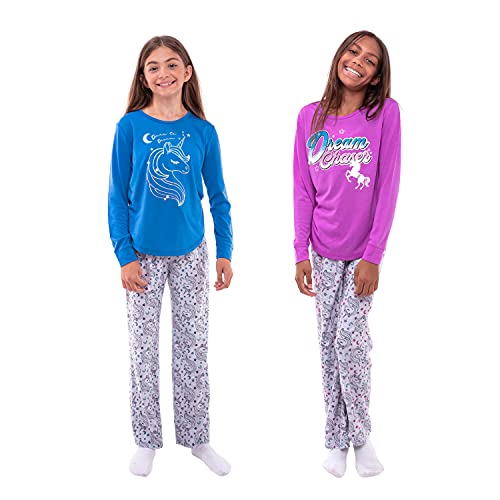 Sleep On It Girls Pajamas Set - 4 Piece Long Sleeve T-Shirt and Sleep Pants for Kids Multipack Sleepwear (Purple/Blue, 10-12, numeric_10)