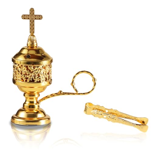 Gold Incense Burner with Tong – Frankincense Charcoal Incense Stand Aromatherapy, Yoga, Spa, Home Decor, and Church Use – Compact & Durable Bakhoor Holder by Lemitung - Used condition - US$9.99