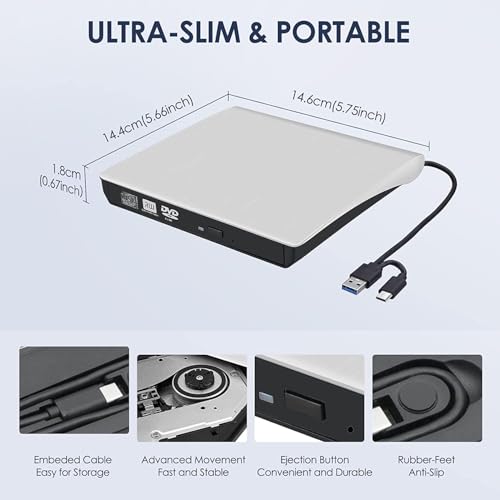 Unidad externa CD/DVD USB tipo C para PC y laptop miniatura 6