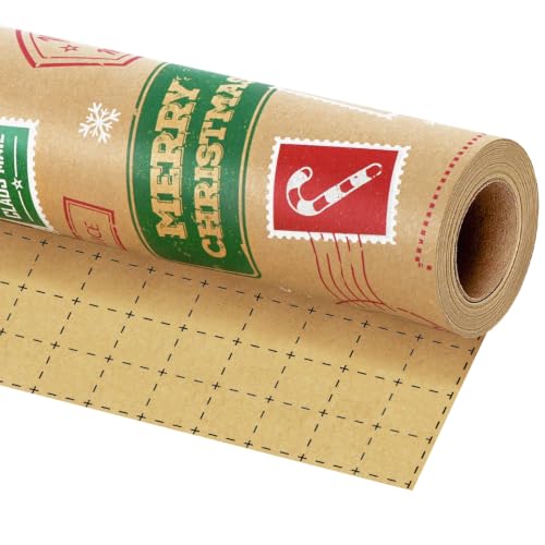 LaRibbons Kraft Christmas Wrapping Paper, Vintage Xmas Postmark Stamp