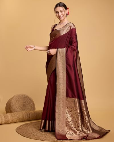 Image of SWORNOF Women's Silk Kanjivaram Kanchipuram Saree With Blouse Piece