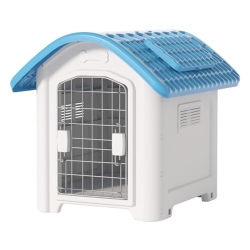 ドッグハウス 屋外用 中型犬・大型犬用 ドア付きプラスチック製ペットハウス 通年使用可 通気性 日焼け・雨に強い 裏庭あり 室内洗濯可 サビに強い 頑丈 夏場は取り外し可能 (ブルー)